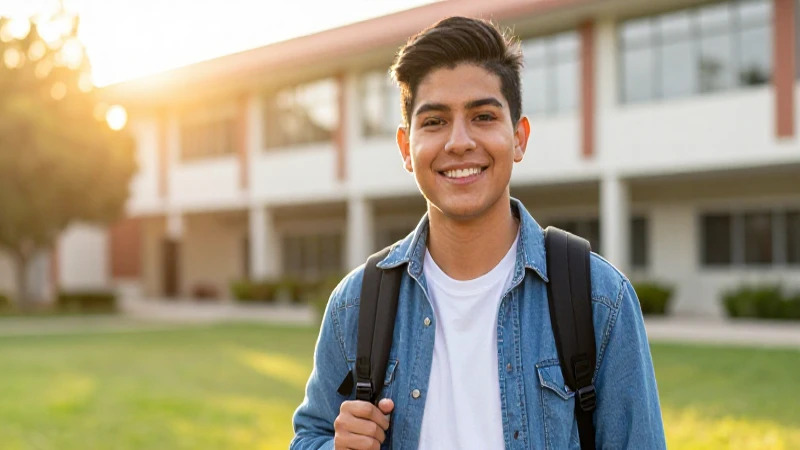 Estudiante sonriente logra éxito en campus vibrante