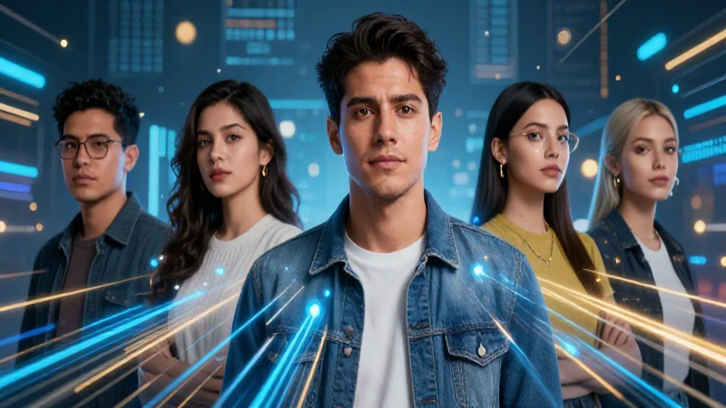Joven mexicano mira un holograma de datos vibrante