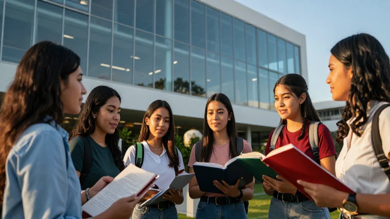 Estudiantes mexicanos colaborando en campus moderno