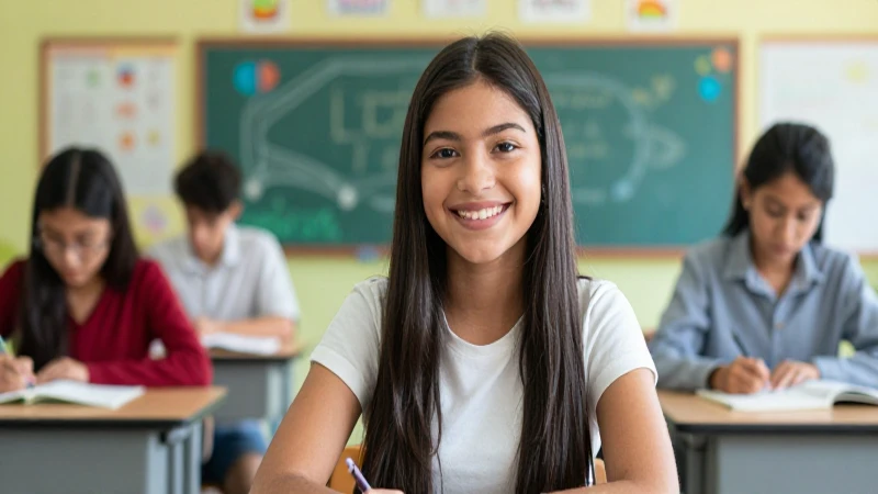 Estudiante mexicano sonriente en aula moderna