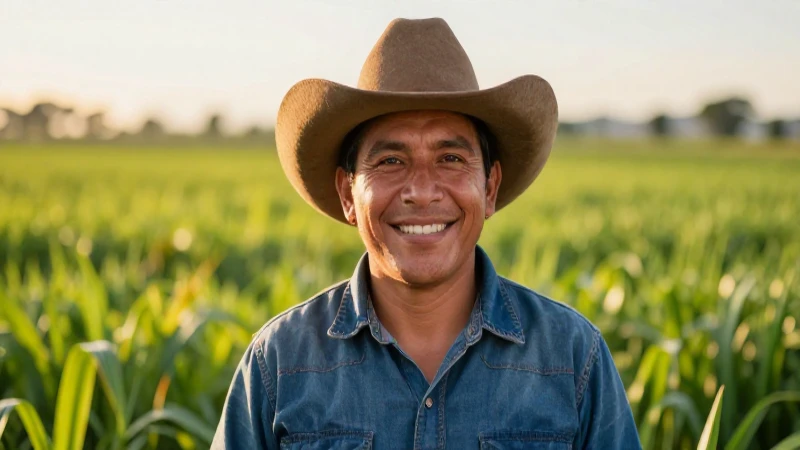 Campesino mexicano optimista en campo verde