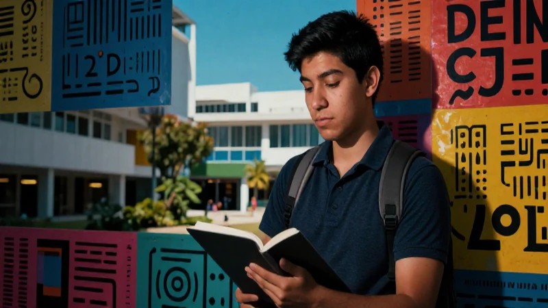 Estudiante mexicano aprendiendo idiomas en un campus moderno
