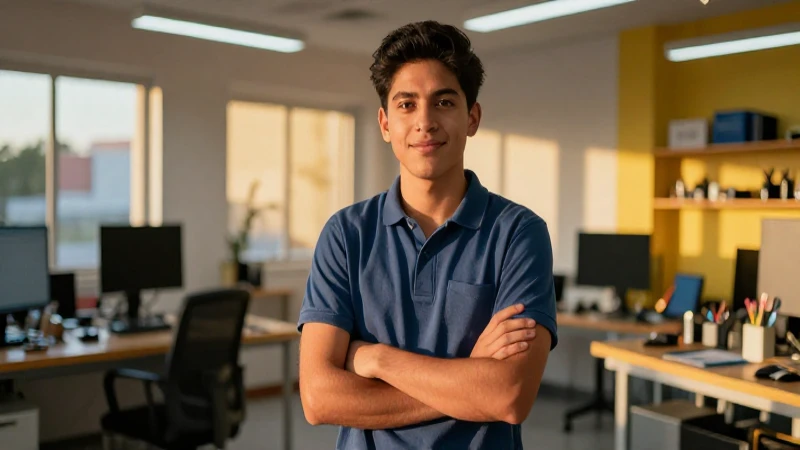 Joven mexicano en taller moderno con luz dorada
