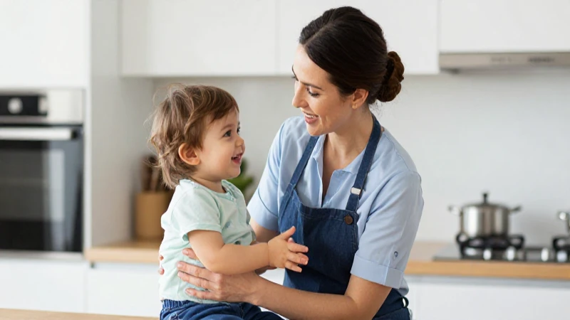 Niñera profesional con niño en cocina moderna