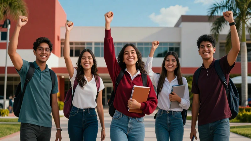 Estudiantes mexicanos celebrando éxito académico en campus moderno