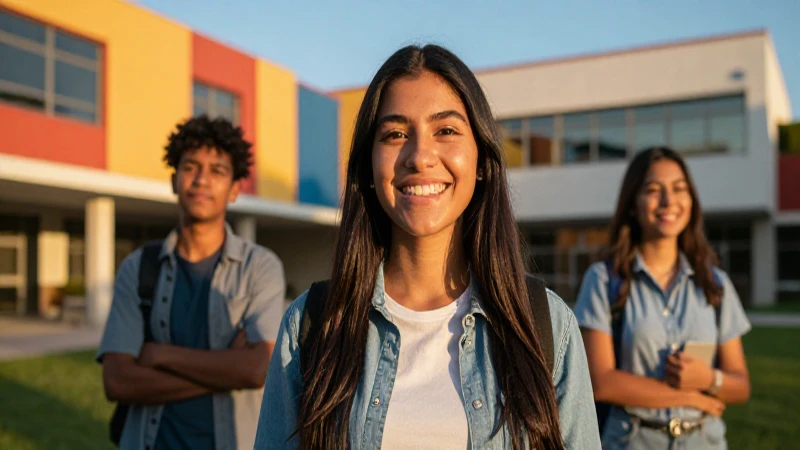 Estudiante mexicano sonríe en un campus vibrante