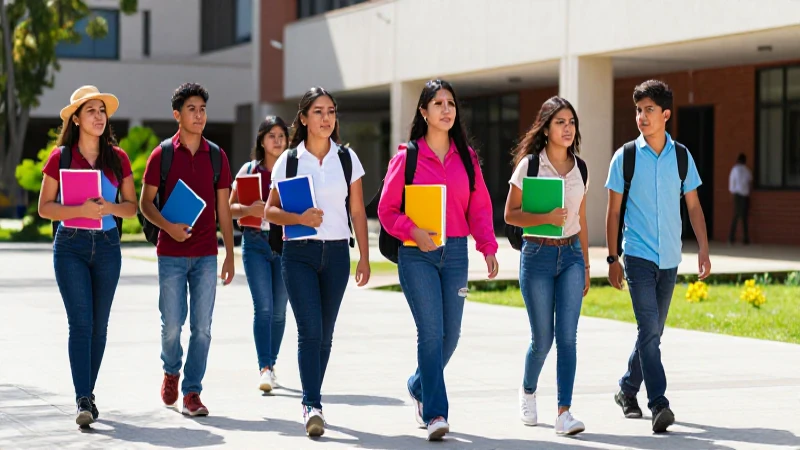 Estudiantes mexicanos con libros caminan en campus vibrante