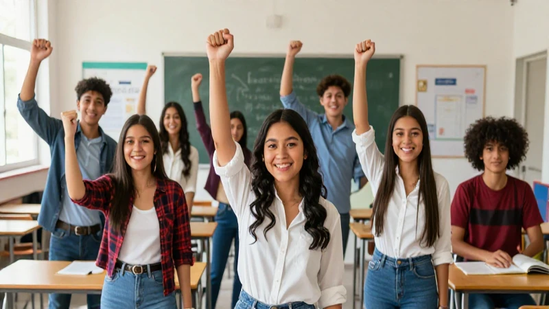 Estudiantes mexicanos celebrando éxito en aula vibrante