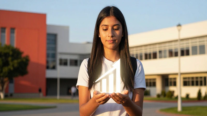 Estudiante mexicano con símbolo de progreso y campus vibrante
