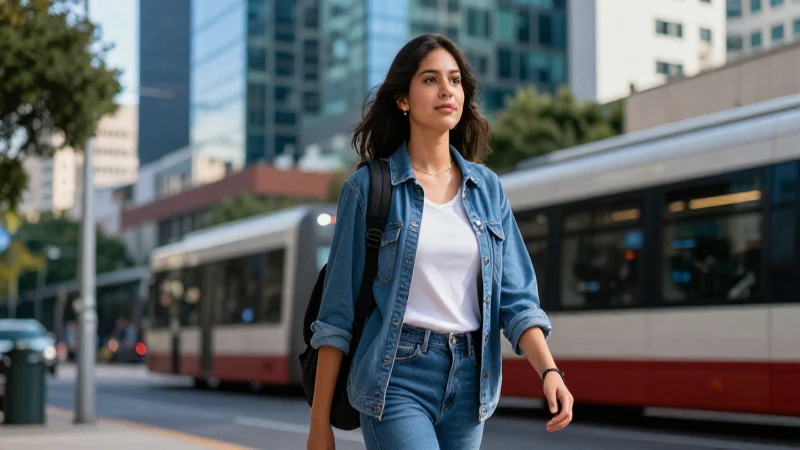Estudiante mexicano sonriente en ciudad vibrante