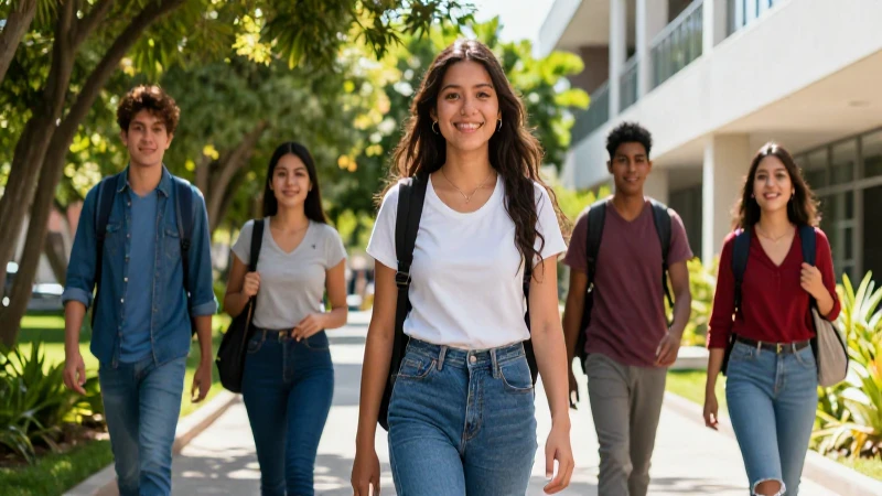 Estudiante mexicana sonriente camina por campus moderno