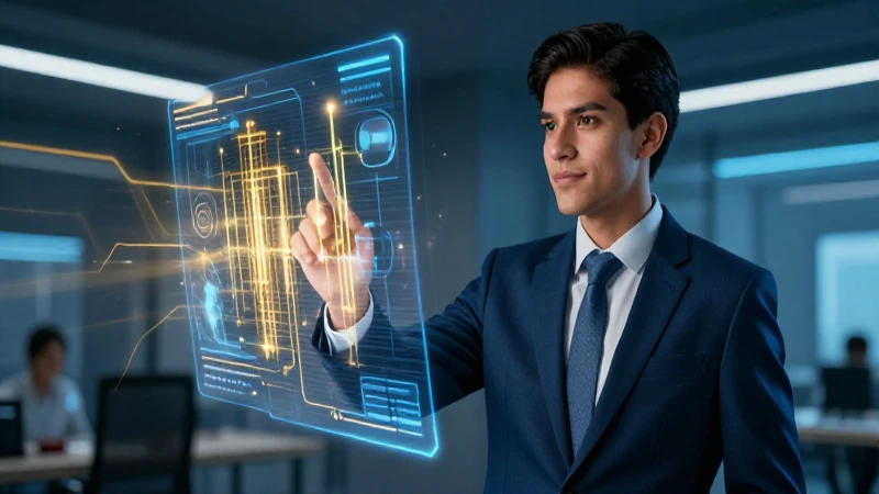 Profesional mexicano con interfaz holográfica moderna