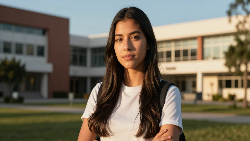 Estudiante mexicano decidido en campus moderno