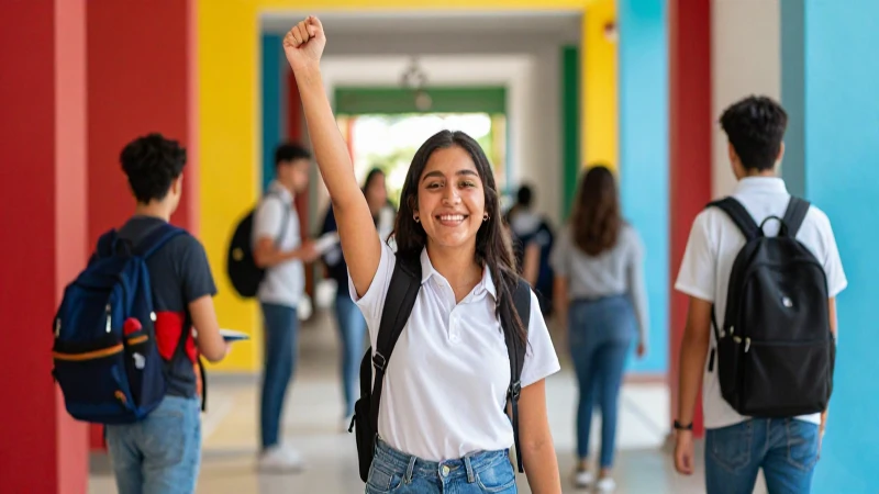 Estudiantes exitosos en pasillo escolar moderno
