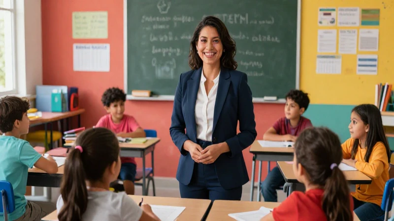 Profesora mexicana feliz con niños en aula