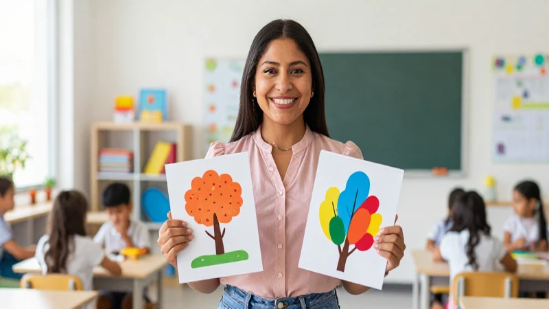 Educadora mexicana sonriente con materiales didácticos