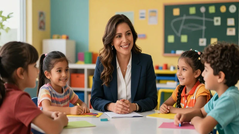 Educadora mexicana enseña a niños sonrientes en un aula moderna