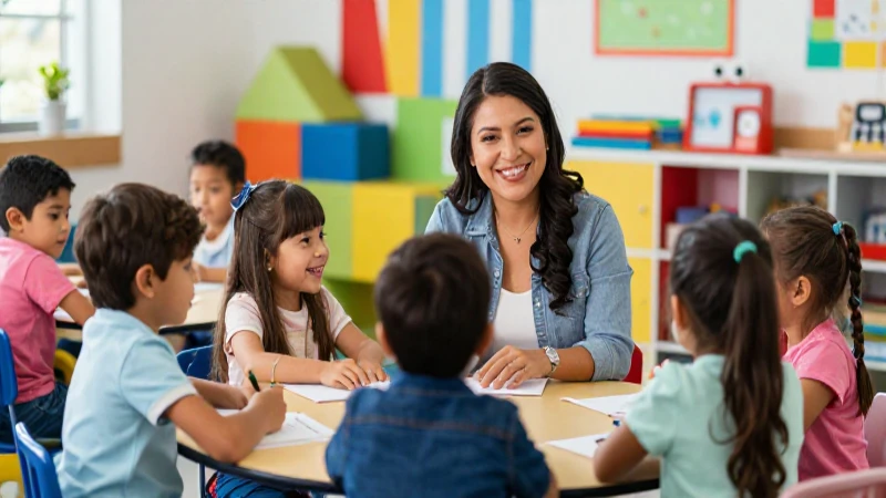 Maestros y niños mexicanos aprendiendo feliz