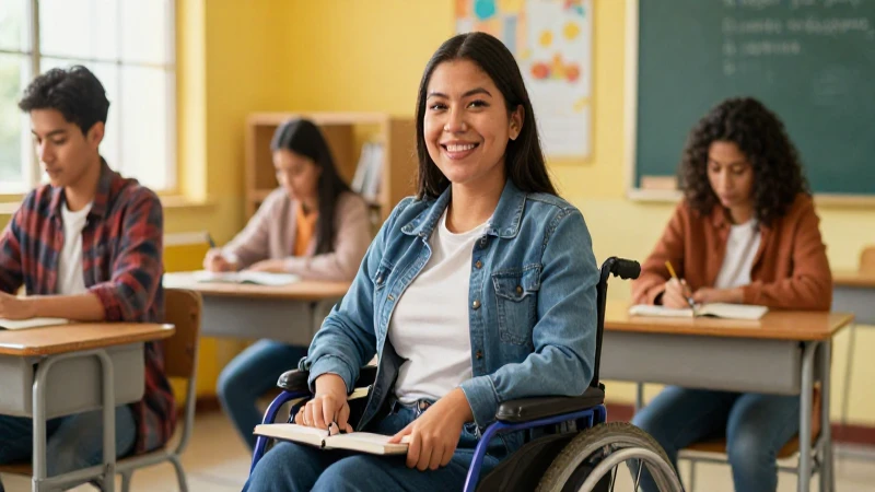 Estudiante mexicano sonriente con discapacidad en aula moderna