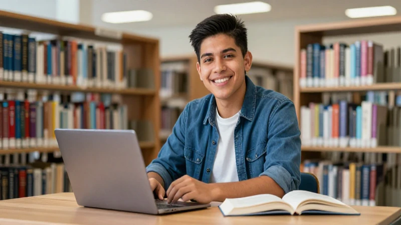 Estudiante sonriente en moderna biblioteca