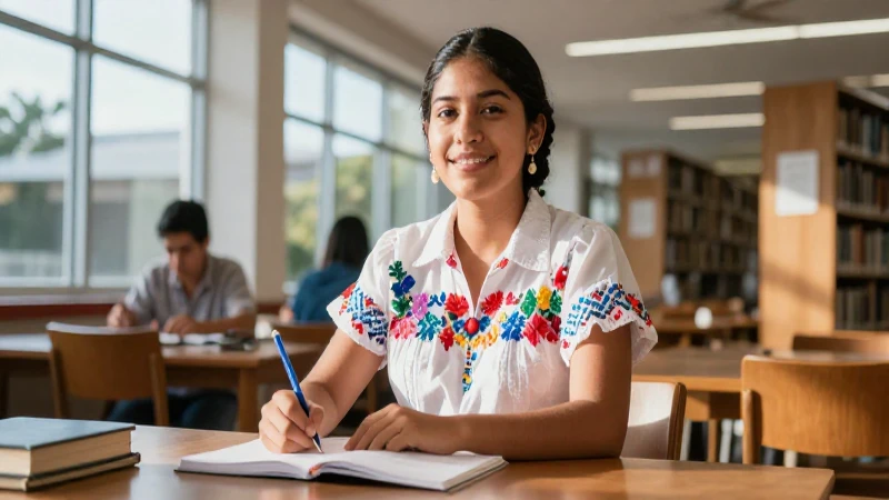 Estudiante mexicano sonríe y estudia en biblioteca