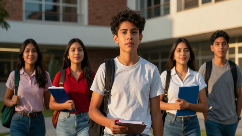 Estudiantes mexicanos en campus con luz dorada