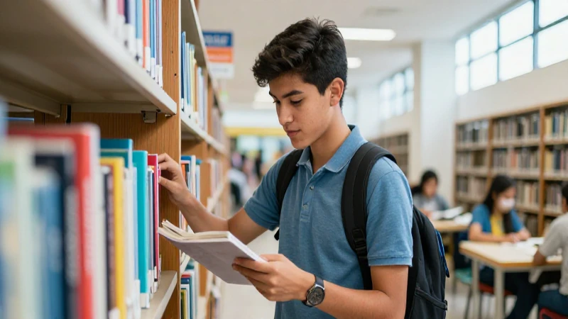 Estudiante mexicano joven y moderno en una biblioteca vibrante