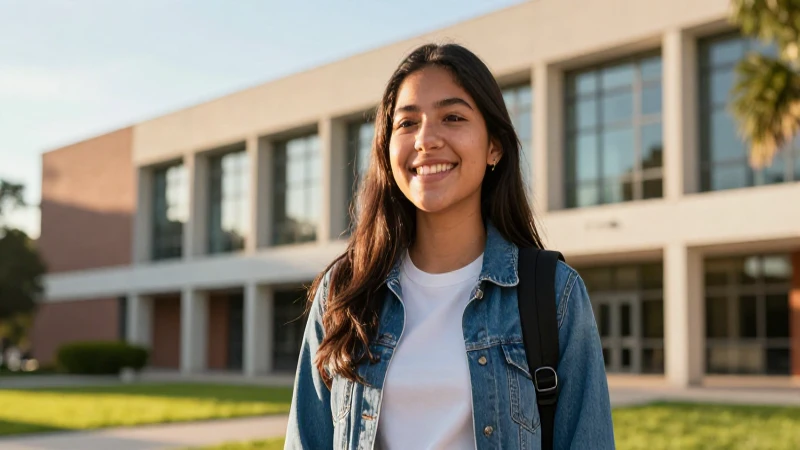 Joven alegre en campus con luz dorada