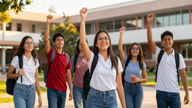 Estudiantes mexicanos celebrando éxito universitario cinemático