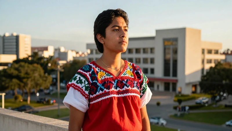 Joven estudiante mexicano en campus moderno y soleado