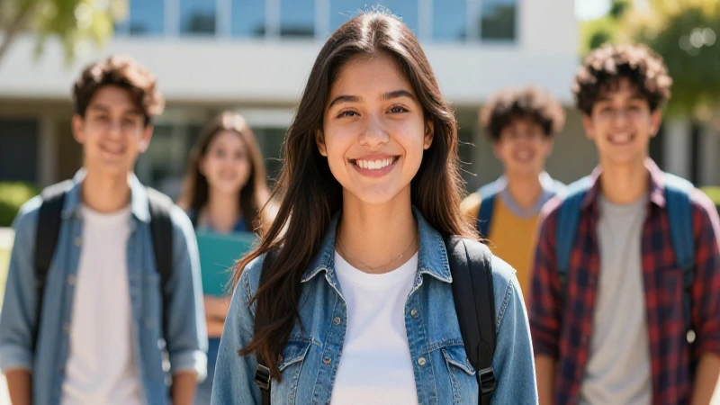 Joven mexicana sonriente en un campus vibrante
