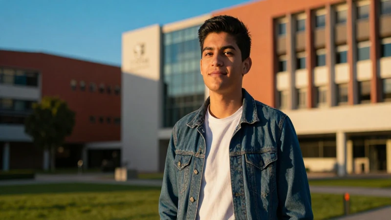 Estudiante mexicano en campus vibrante con luz dorada