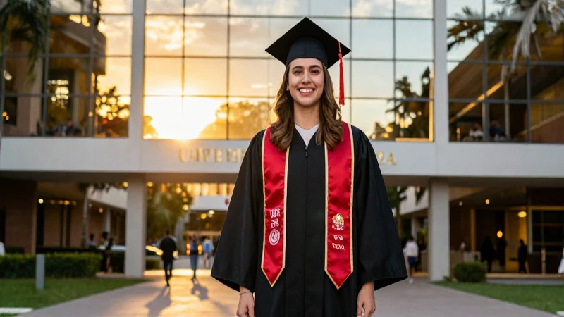 Graduado mexicano orgulloso, campus vibrante y luz dorada