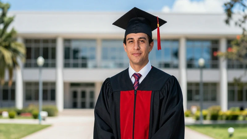 Graduado universitario mexicano en toga y campus vibrante