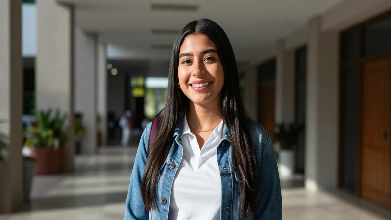 Estudiante mexicano sonriente en auditoría moderna