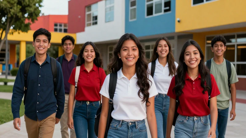 Estudiantes mexicanos sonríen en vibrante campus escolar moderno