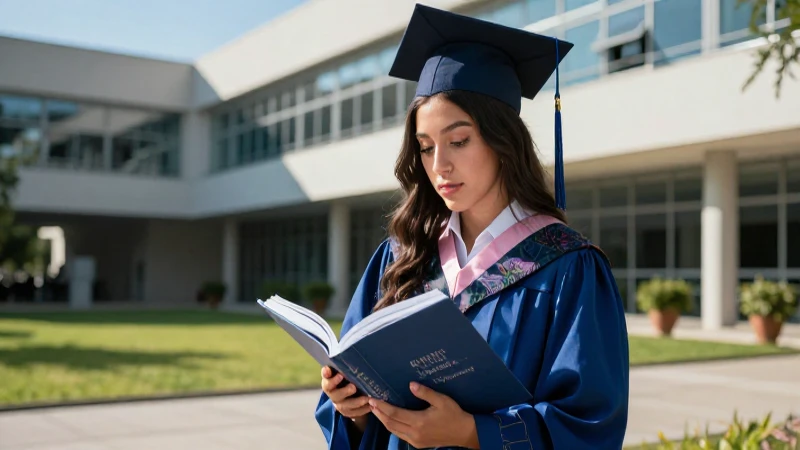 Joven mexicana graduada estudia en campus soleado