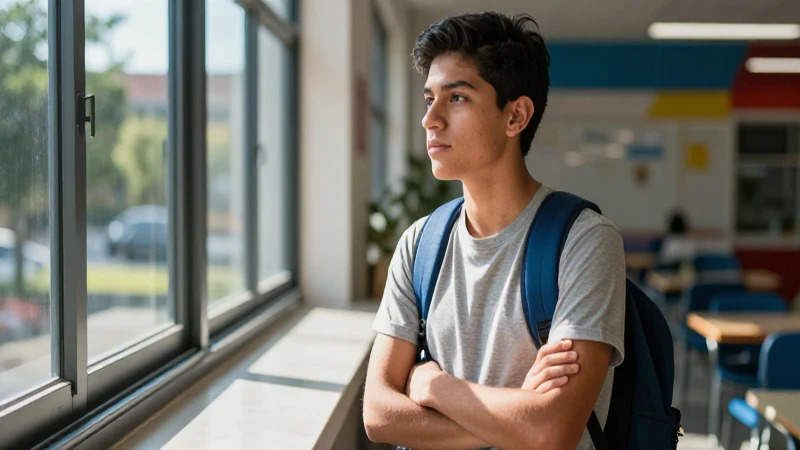 Estudiante mexicano decidido en campus moderno
