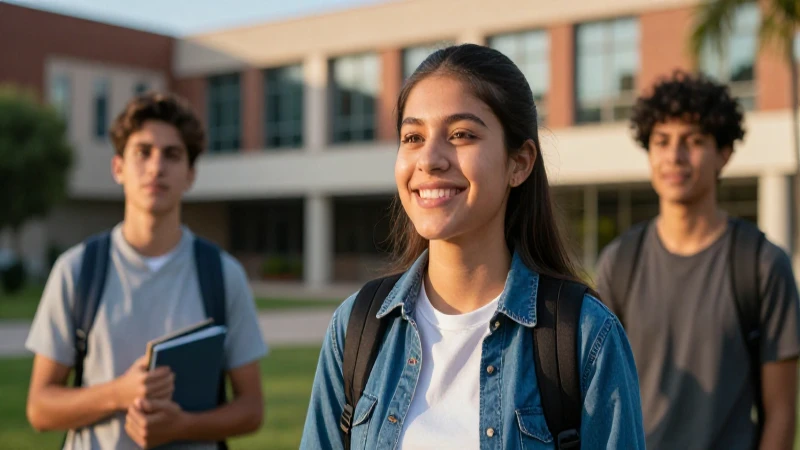 Estudiante mexicana sonriente en campus moderno