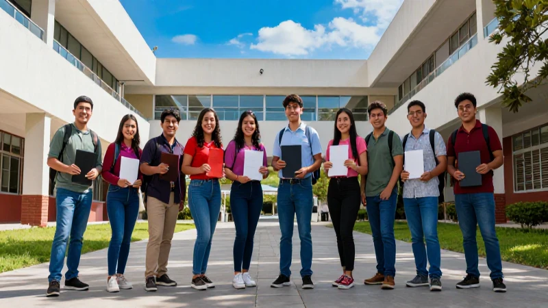 Estudiantes mexicanos celebrando en campus universitario moderno