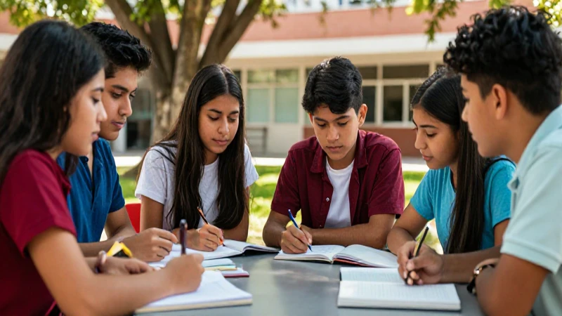 Estudiantes mexicanos en campus vibrante y soleado