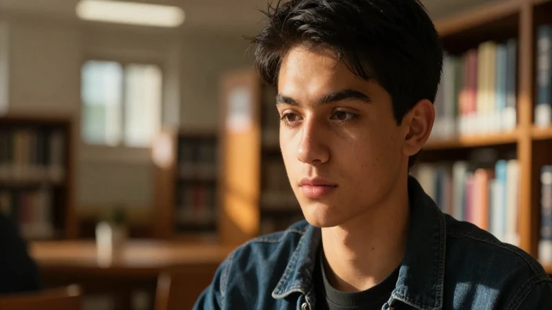 Estudiante exitoso en biblioteca con iluminación dramática