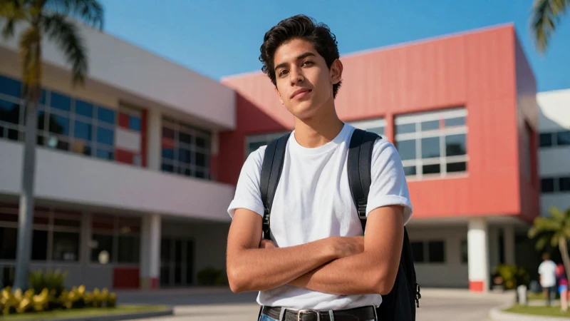 Estudiante mexicano ambicioso en campus moderno