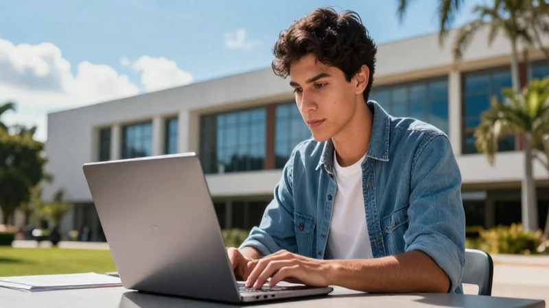 Estudiante mexicano ambicioso con laptop en campus moderno