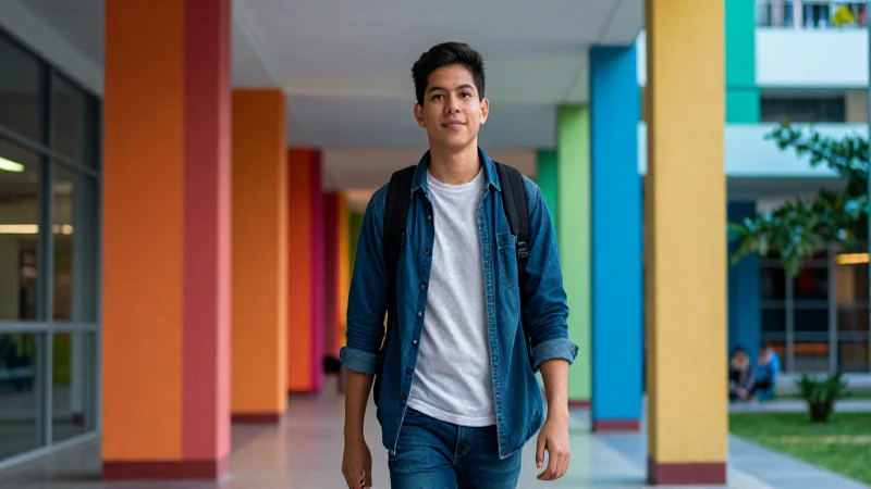 Estudiante mexicano atractivo camina por pasillo moderno