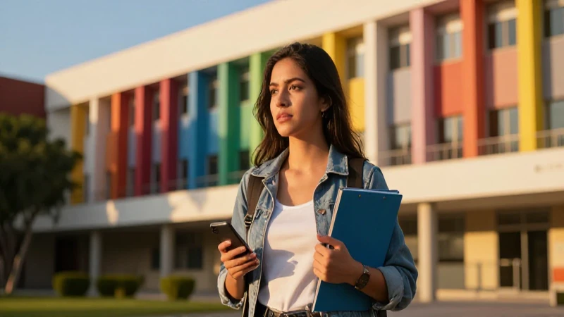 Estudiante mexicana en campus universitario, luz dorada