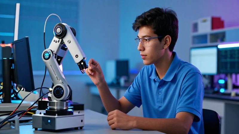 Estudiante interactúa con robot en laboratorio