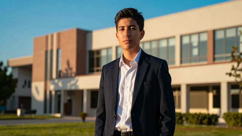 Estudiante mexicano decidido en campus moderno dorado