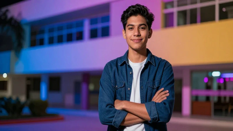 Joven mexicano confiado en campus moderno