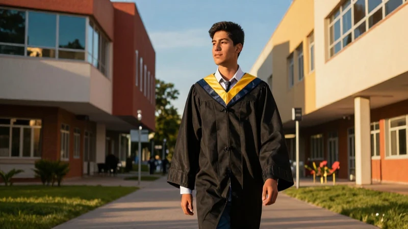 Joven mexicano en campus universitario, luz dorada